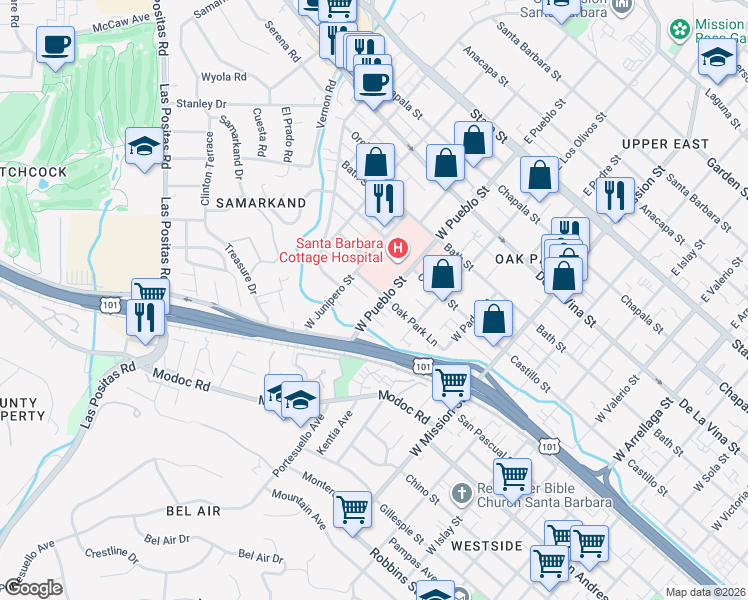 map of restaurants, bars, coffee shops, grocery stores, and more near 2227 Oak Park Lane in Santa Barbara