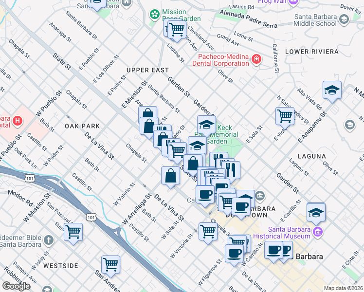 map of restaurants, bars, coffee shops, grocery stores, and more near 25 East Arrellaga Street in Santa Barbara