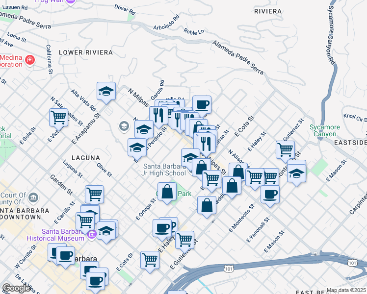 map of restaurants, bars, coffee shops, grocery stores, and more near 725 1/2 North Milpas Street in Santa Barbara