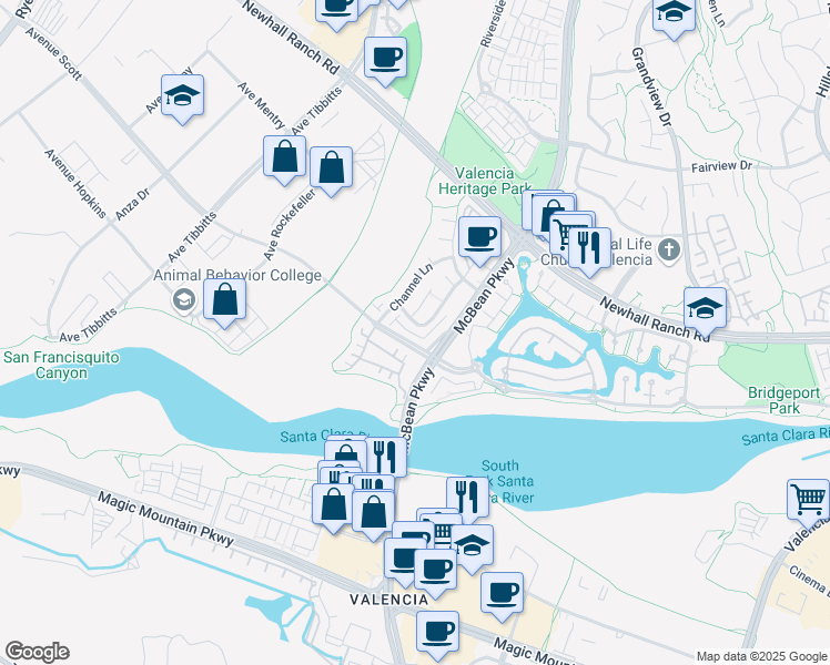 map of restaurants, bars, coffee shops, grocery stores, and more near 24120 Victoria Lane in Santa Clarita