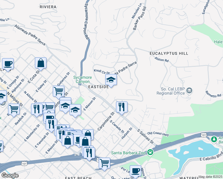 map of restaurants, bars, coffee shops, grocery stores, and more near 123 Alameda Padre Serra in Santa Barbara