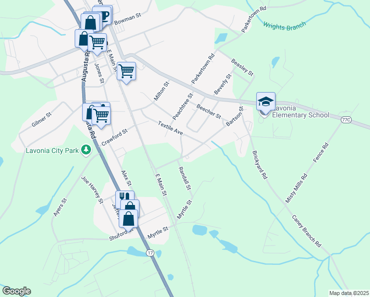 map of restaurants, bars, coffee shops, grocery stores, and more near 256 Randall Street in Lavonia