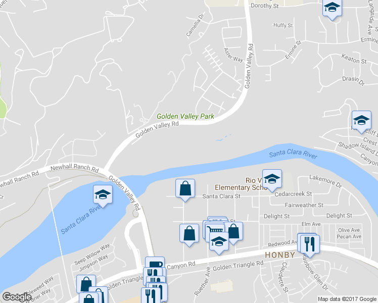 map of restaurants, bars, coffee shops, grocery stores, and more near Santa Clara River Trail in Santa Clarita
