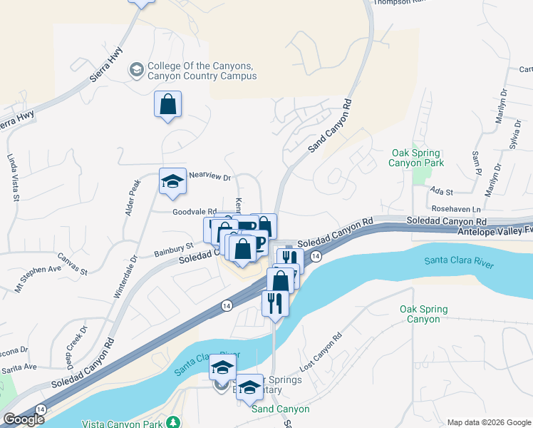 map of restaurants, bars, coffee shops, grocery stores, and more near 28622 Macklin Avenue in Santa Clarita