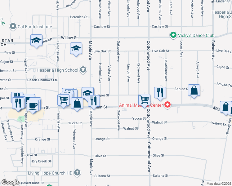 map of restaurants, bars, coffee shops, grocery stores, and more near 14660 Juniper Street in Hesperia