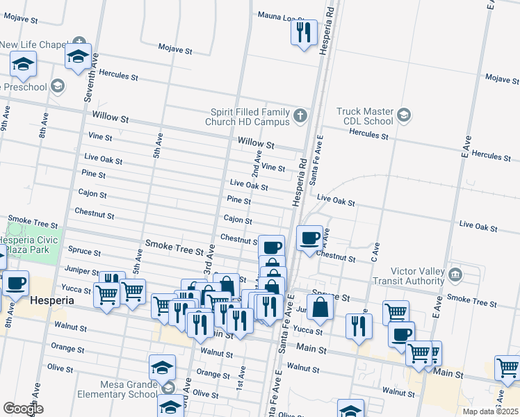 map of restaurants, bars, coffee shops, grocery stores, and more near 16492 Cajon Street in Hesperia