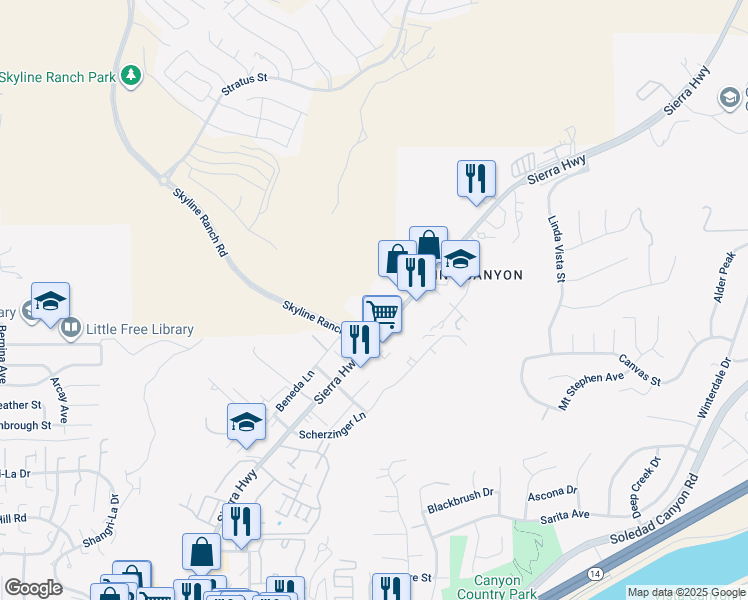 map of restaurants, bars, coffee shops, grocery stores, and more near 28315 Hillfield Lane in Santa Clarita