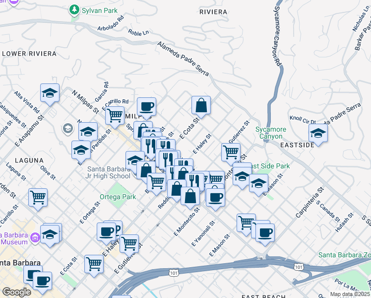 map of restaurants, bars, coffee shops, grocery stores, and more near 1009 East Haley Street in Santa Barbara