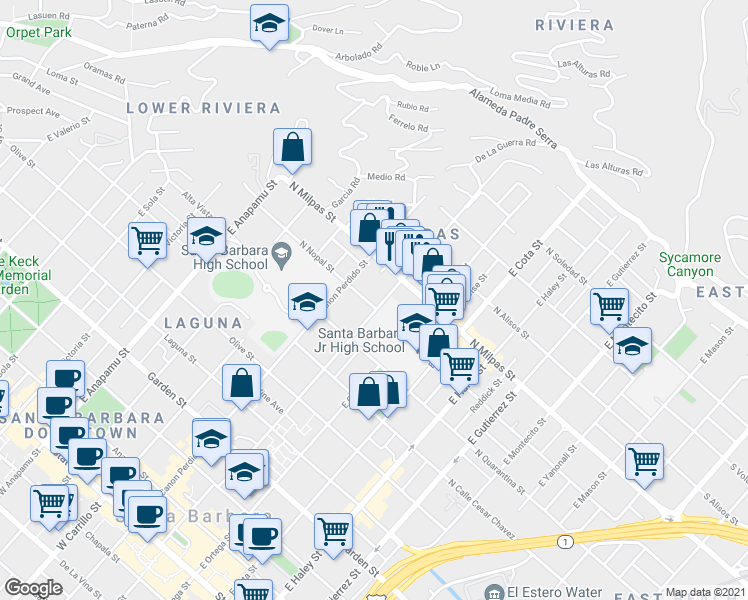 map of restaurants, bars, coffee shops, grocery stores, and more near 730 East Canon Perdido Street in Santa Barbara