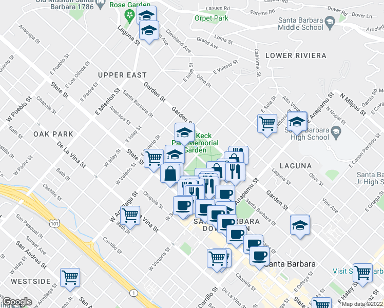 map of restaurants, bars, coffee shops, grocery stores, and more near 1400 Santa Barbara Street in Santa Barbara