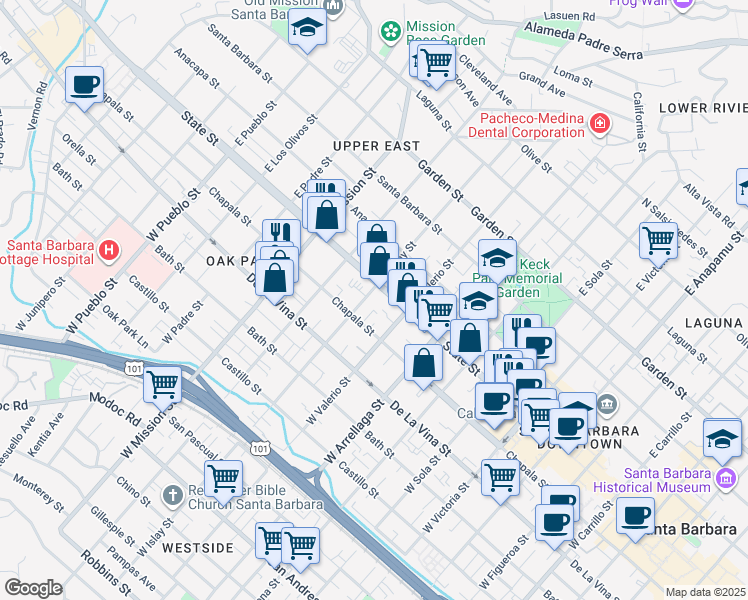 map of restaurants, bars, coffee shops, grocery stores, and more near 20 West Valerio Street in Santa Barbara