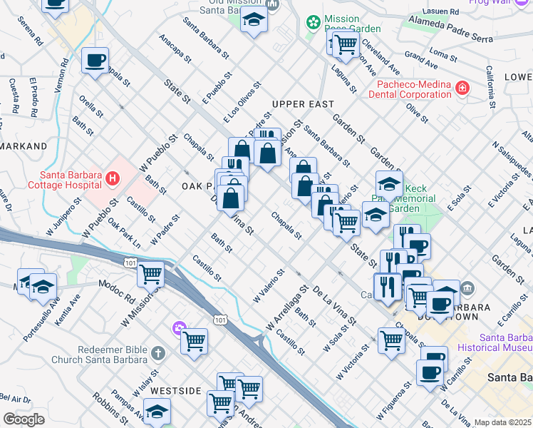 map of restaurants, bars, coffee shops, grocery stores, and more near 125 West Pedregosa Street in Santa Barbara