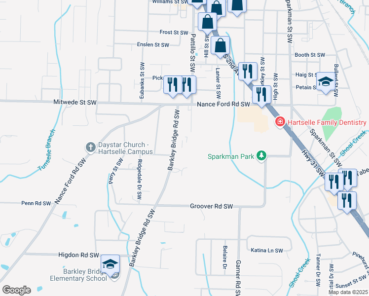 map of restaurants, bars, coffee shops, grocery stores, and more near 1614 Barkley Bridge Road Southwest in Hartselle