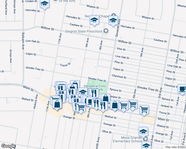 map of restaurants, bars, coffee shops, grocery stores, and more near 15840 Smoke Tree Street in Hesperia