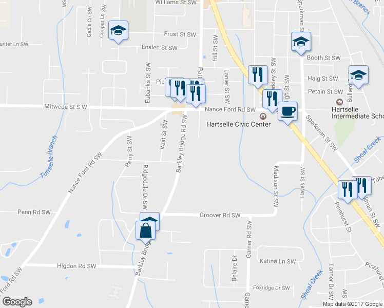map of restaurants, bars, coffee shops, grocery stores, and more near 1614 Barkley Bridge Road Southwest in Hartselle
