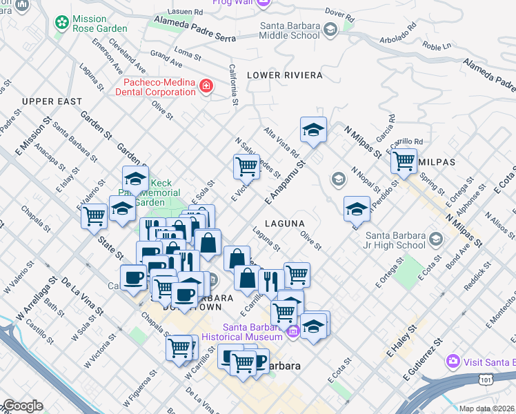 map of restaurants, bars, coffee shops, grocery stores, and more near 425 East Anapamu Street in Santa Barbara