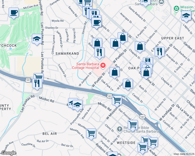 map of restaurants, bars, coffee shops, grocery stores, and more near 2227 Oak Park Lane in Santa Barbara