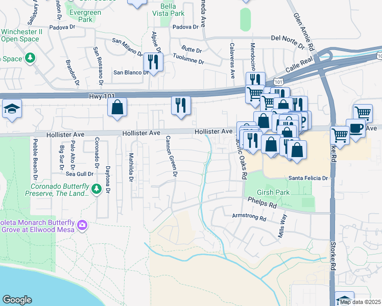 map of restaurants, bars, coffee shops, grocery stores, and more near 7328 Elmhurst Place in Goleta