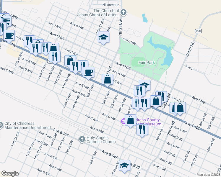 map of restaurants, bars, coffee shops, grocery stores, and more near 599 6th Street Northwest in Childress