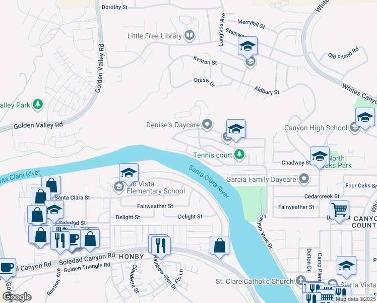 map of restaurants, bars, coffee shops, grocery stores, and more near 20181 Edgewater Drive in Santa Clarita