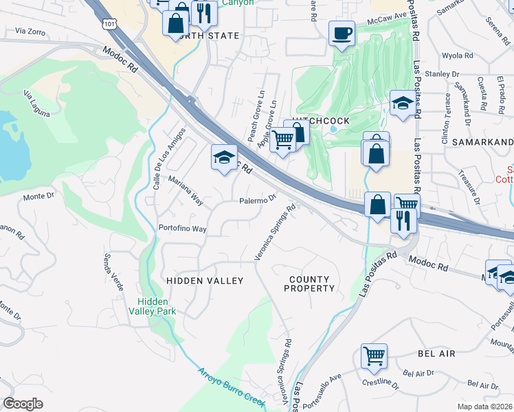 map of restaurants, bars, coffee shops, grocery stores, and more near 718 Calabria Drive in Santa Barbara