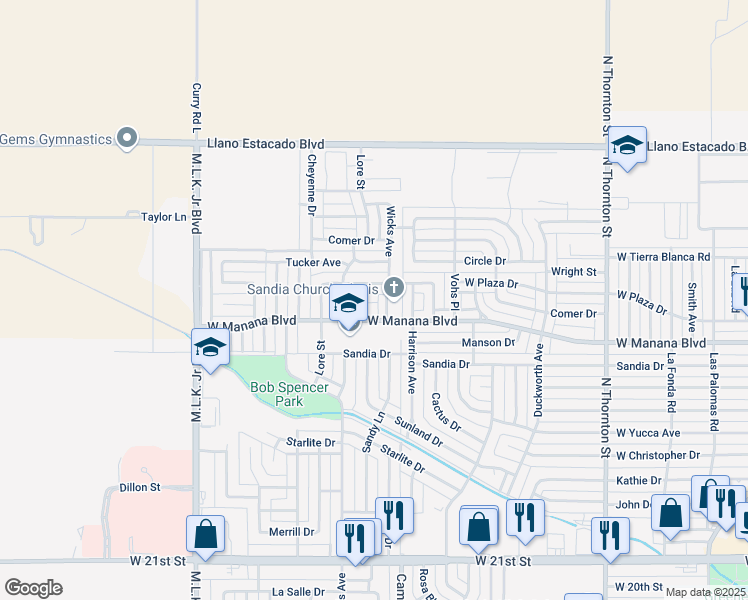 map of restaurants, bars, coffee shops, grocery stores, and more near 1200 West Manana Boulevard in Clovis