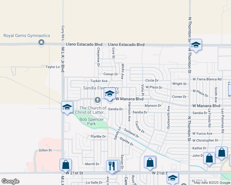 map of restaurants, bars, coffee shops, grocery stores, and more near 1200 West Manana Boulevard in Clovis