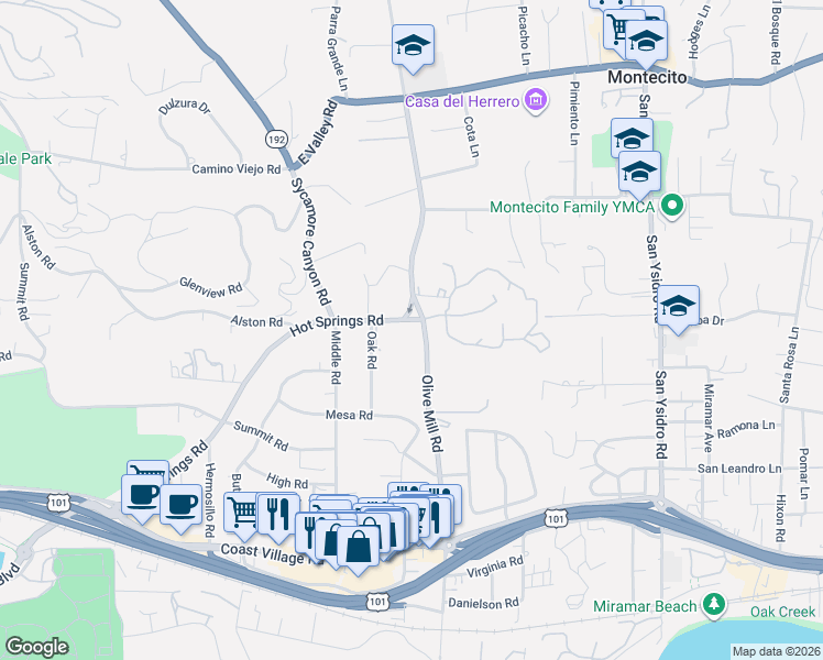 map of restaurants, bars, coffee shops, grocery stores, and more near 275 Olive Mill Road in Montecito