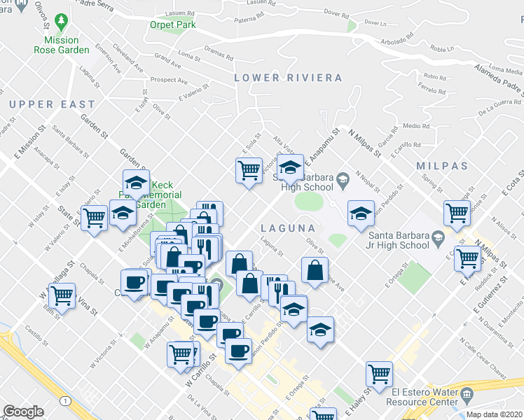 map of restaurants, bars, coffee shops, grocery stores, and more near 409 East Anapamu Street in Santa Barbara