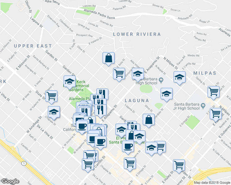 map of restaurants, bars, coffee shops, grocery stores, and more near 409 East Anapamu Street in Santa Barbara