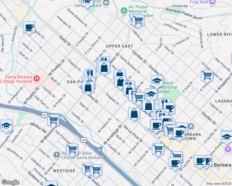 map of restaurants, bars, coffee shops, grocery stores, and more near 20 West Valerio Street in Santa Barbara