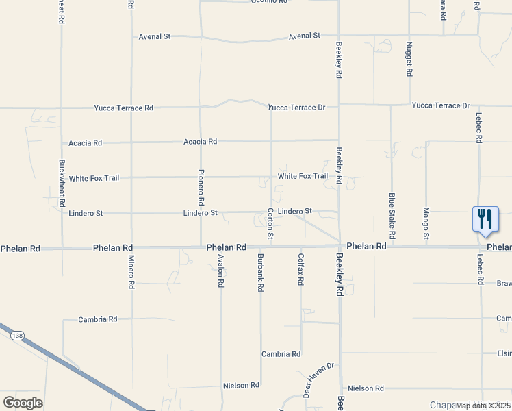 map of restaurants, bars, coffee shops, grocery stores, and more near 3023 Lindero Street in Phelan