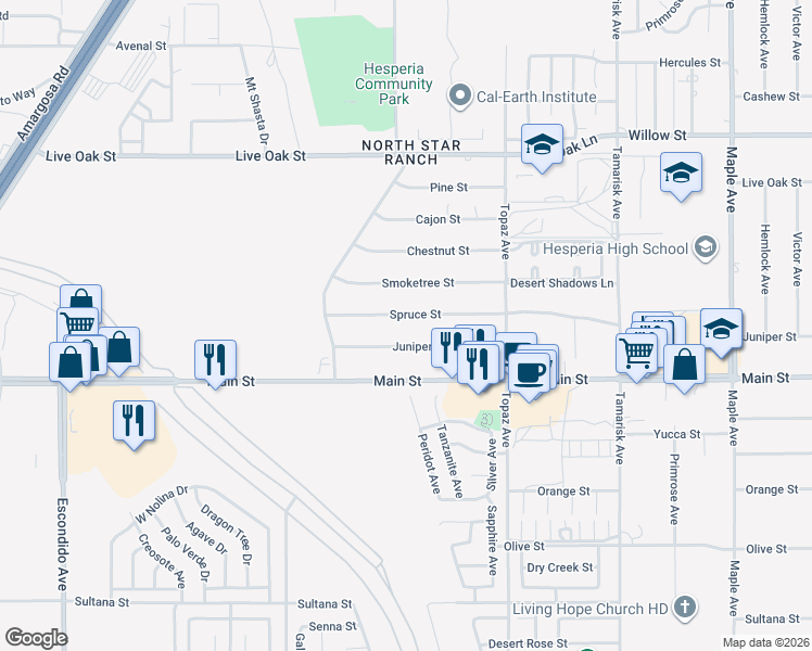 map of restaurants, bars, coffee shops, grocery stores, and more near 13915 Spruce Street in Hesperia