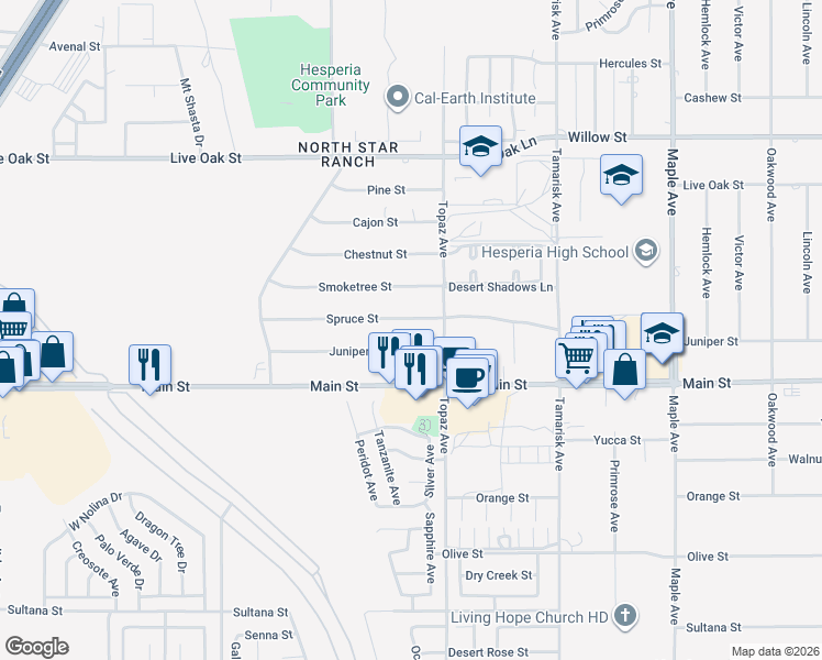 map of restaurants, bars, coffee shops, grocery stores, and more near 14025 Spruce Street in Hesperia