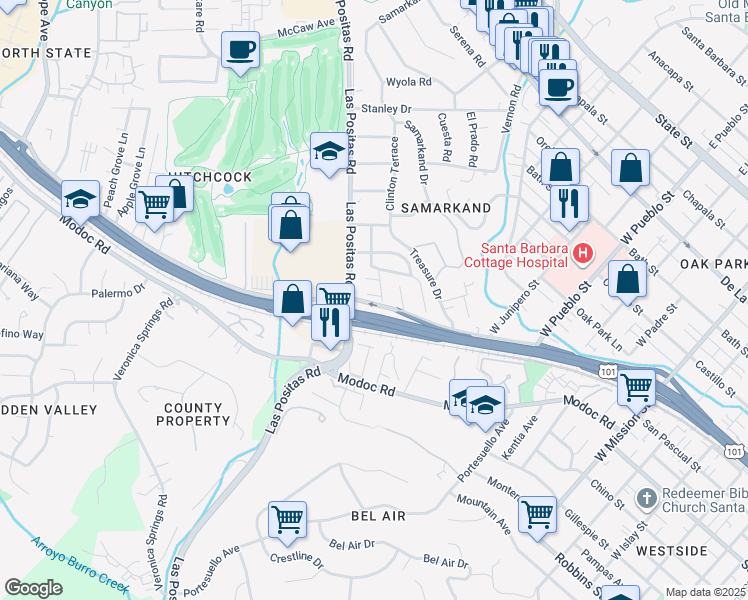 map of restaurants, bars, coffee shops, grocery stores, and more near 2626a Calle Real in Santa Barbara