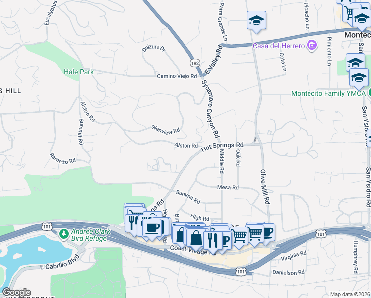 map of restaurants, bars, coffee shops, grocery stores, and more near 1119 Alston Road in Montecito