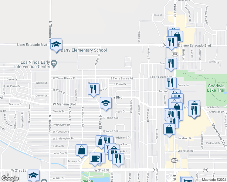 map of restaurants, bars, coffee shops, grocery stores, and more near 213 Torreon Drive in Clovis