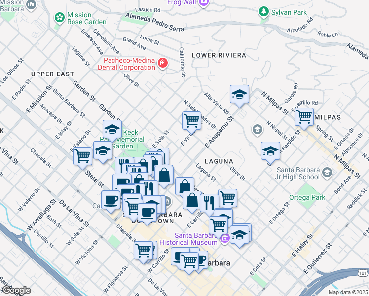 map of restaurants, bars, coffee shops, grocery stores, and more near 1232 Laguna Street in Santa Barbara