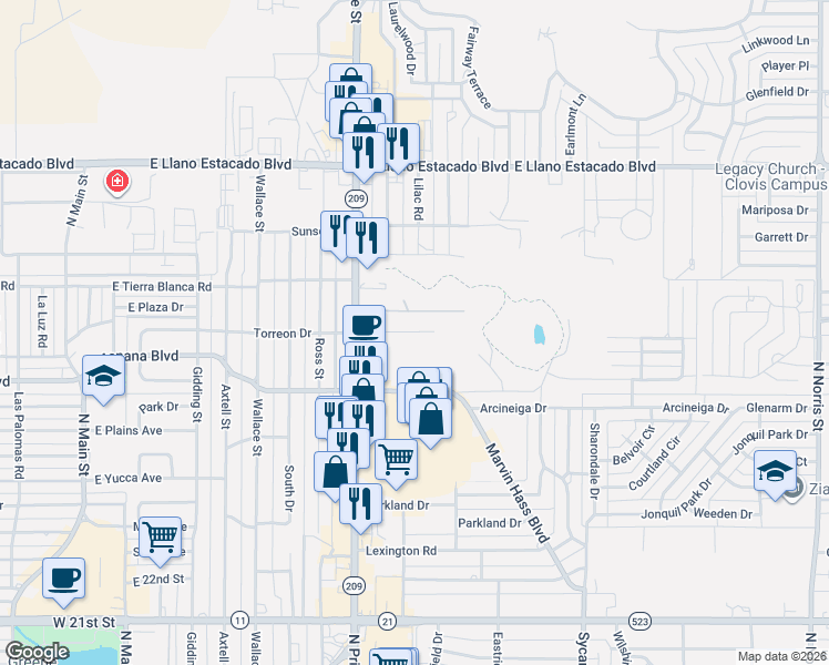 map of restaurants, bars, coffee shops, grocery stores, and more near 2923 North Prince Street in Clovis