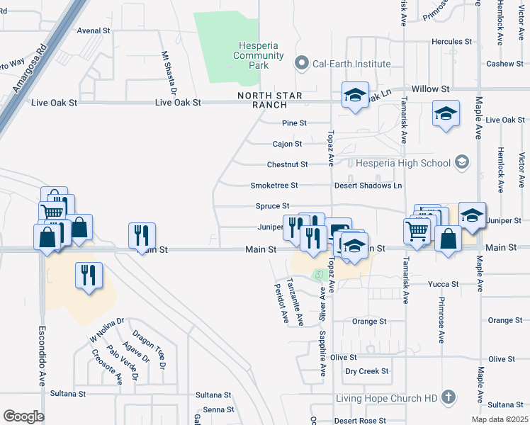 map of restaurants, bars, coffee shops, grocery stores, and more near 13880 Juniper Street in Hesperia