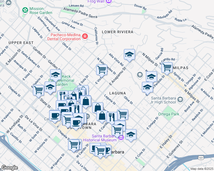 map of restaurants, bars, coffee shops, grocery stores, and more near 409 East Anapamu Street in Santa Barbara