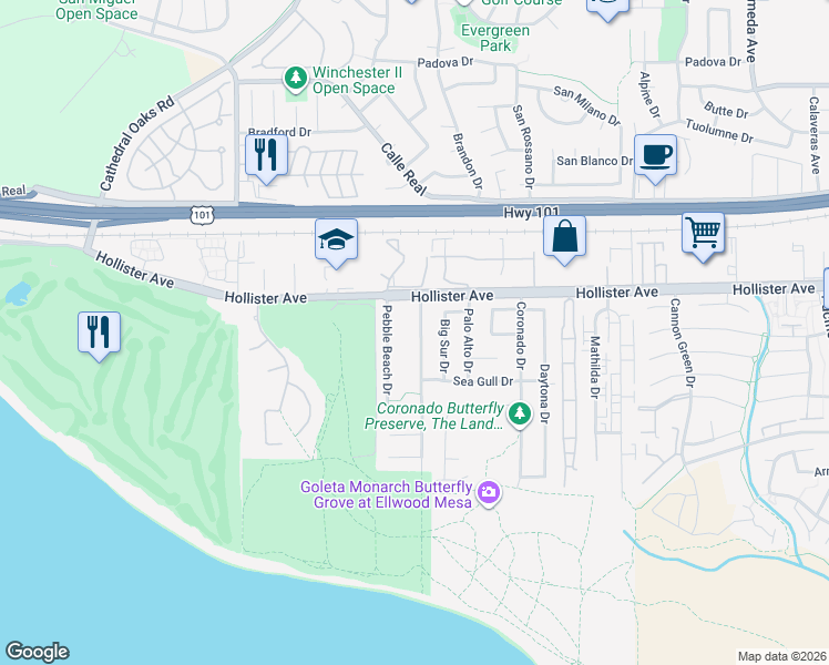 map of restaurants, bars, coffee shops, grocery stores, and more near 267 Santa Barbara Shores Drive in Goleta