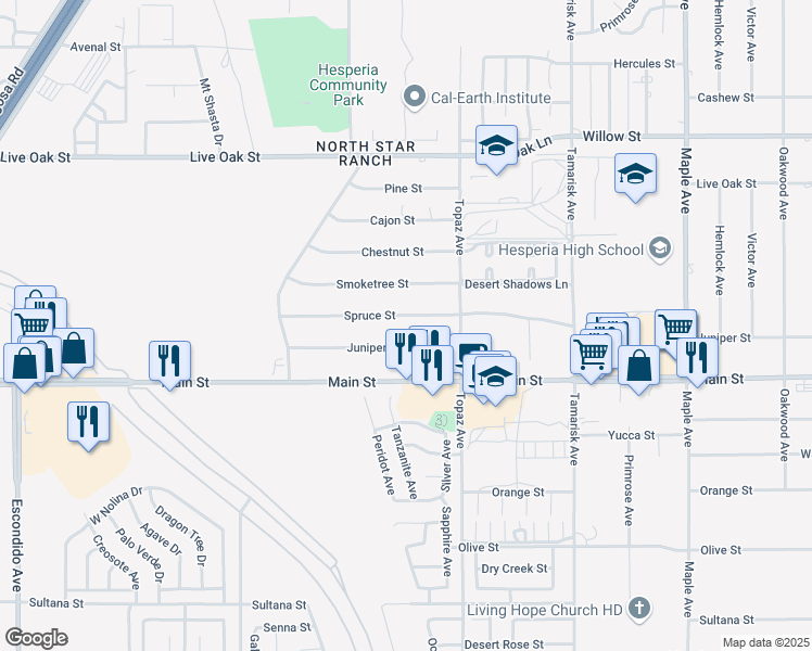 map of restaurants, bars, coffee shops, grocery stores, and more near 14005 Spruce Street in Hesperia