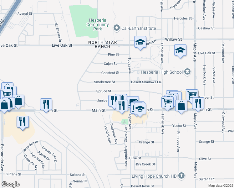 map of restaurants, bars, coffee shops, grocery stores, and more near 14015 Spruce Street in Hesperia