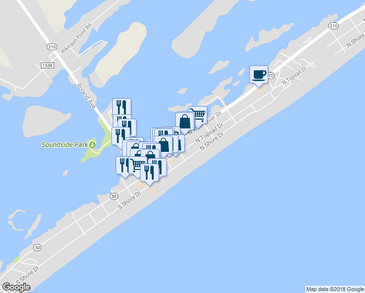 map of restaurants, bars, coffee shops, grocery stores, and more near 305 North Topsail Drive in Holly Ridge