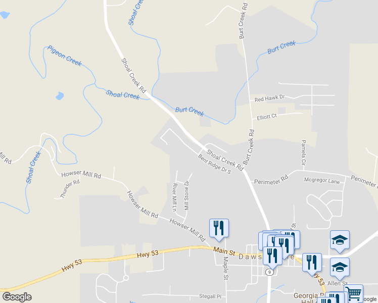 map of restaurants, bars, coffee shops, grocery stores, and more near 51 Bent Ridge Drive North in Dawsonville
