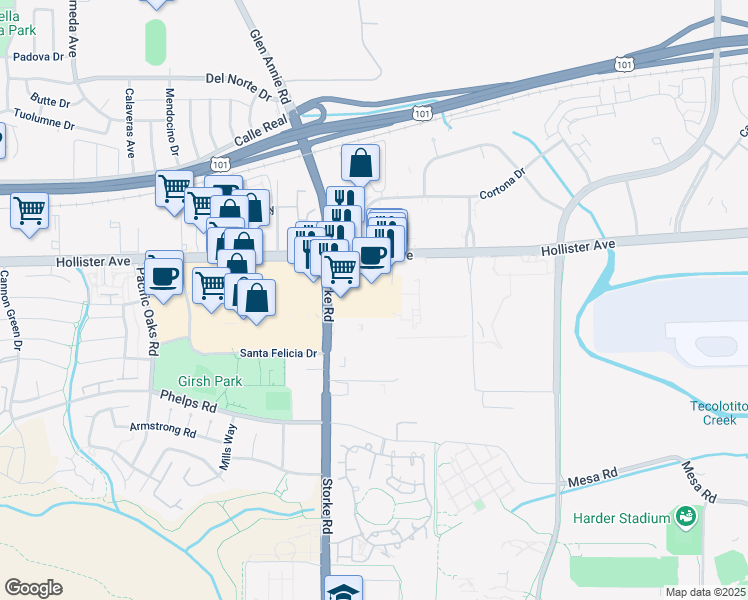 map of restaurants, bars, coffee shops, grocery stores, and more near 6865 Hollister Avenue in Goleta
