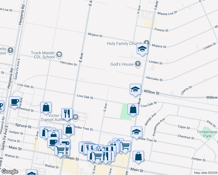 map of restaurants, bars, coffee shops, grocery stores, and more near G Avenue in Hesperia