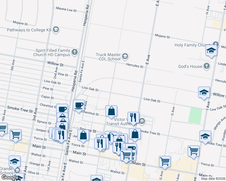 map of restaurants, bars, coffee shops, grocery stores, and more near 16876 Live Oak Street in Hesperia