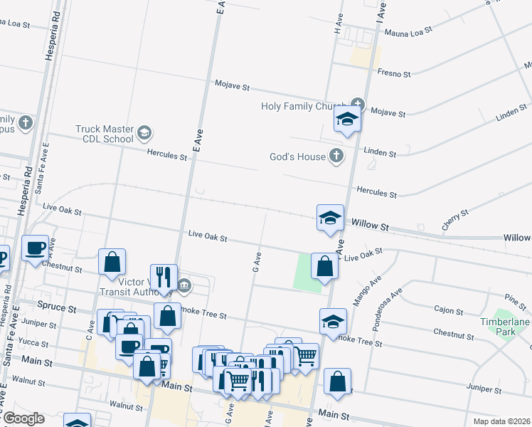 map of restaurants, bars, coffee shops, grocery stores, and more near G Avenue in Hesperia